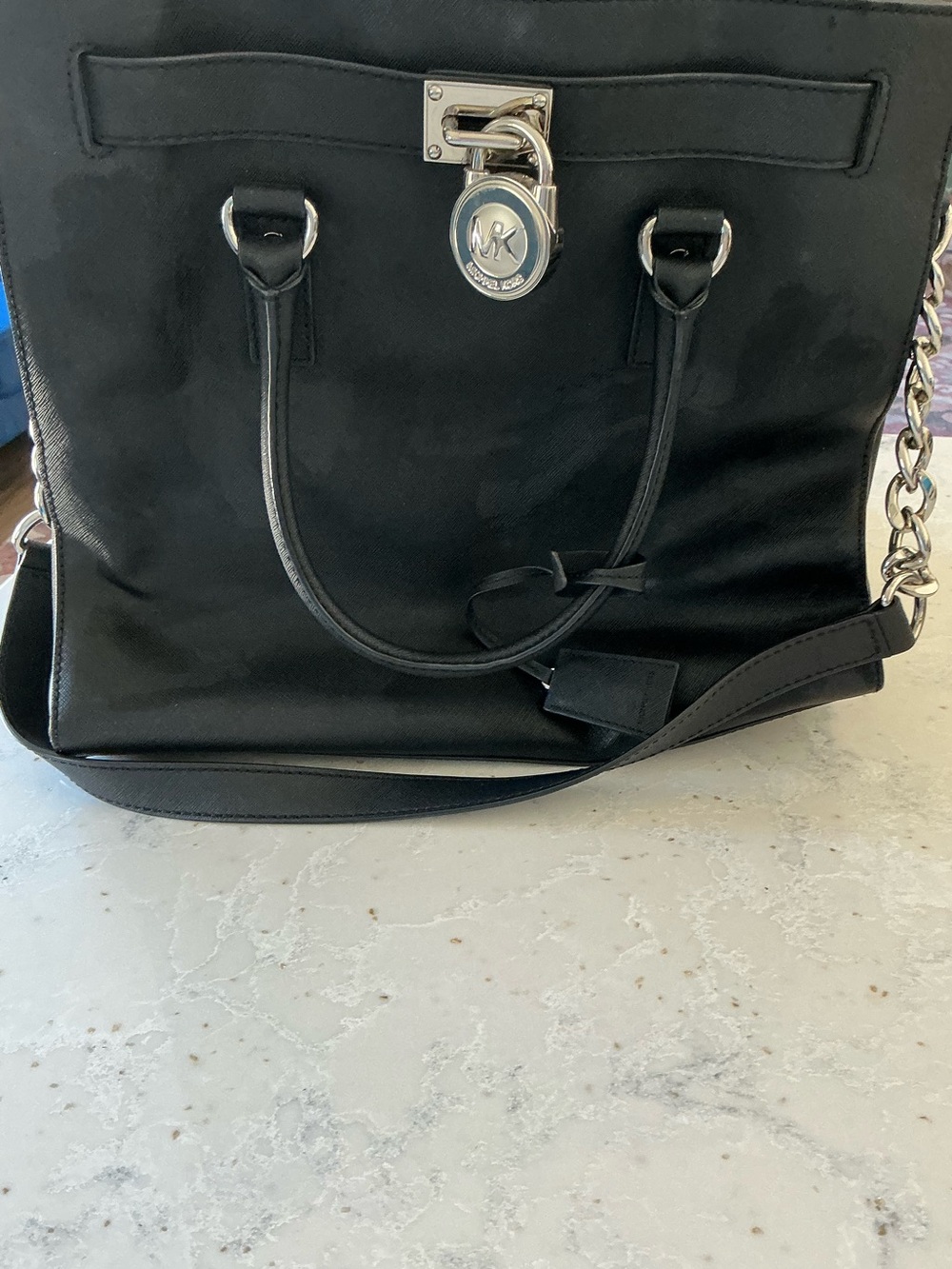 MICHAEL Michael Kors Hamilton Saffiano Leather NS Tote Bag Black Silver Lock